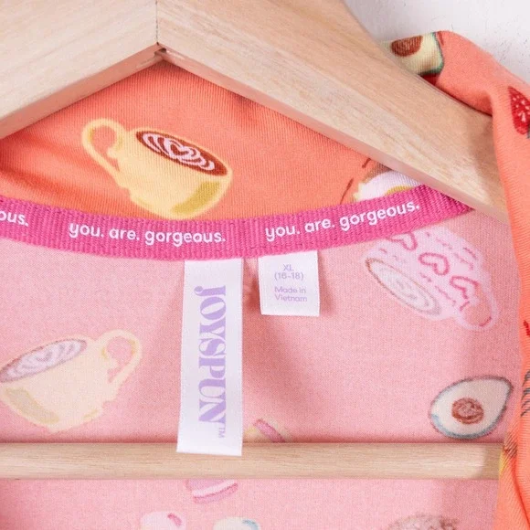 Joyspun Pajama Set Women XL Peach Brunch Food Print Short Sleeve Button Down - Picture 8 of 13